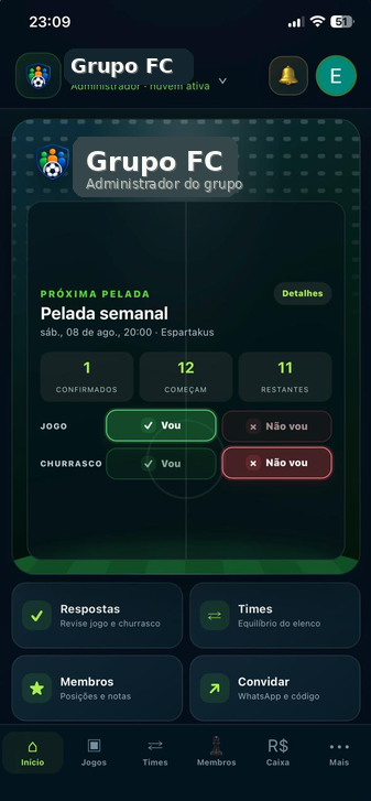 Tela inicial real do Tâmo On com grupo, próximo jogo, confirmações, respostas, times, membros e convidar